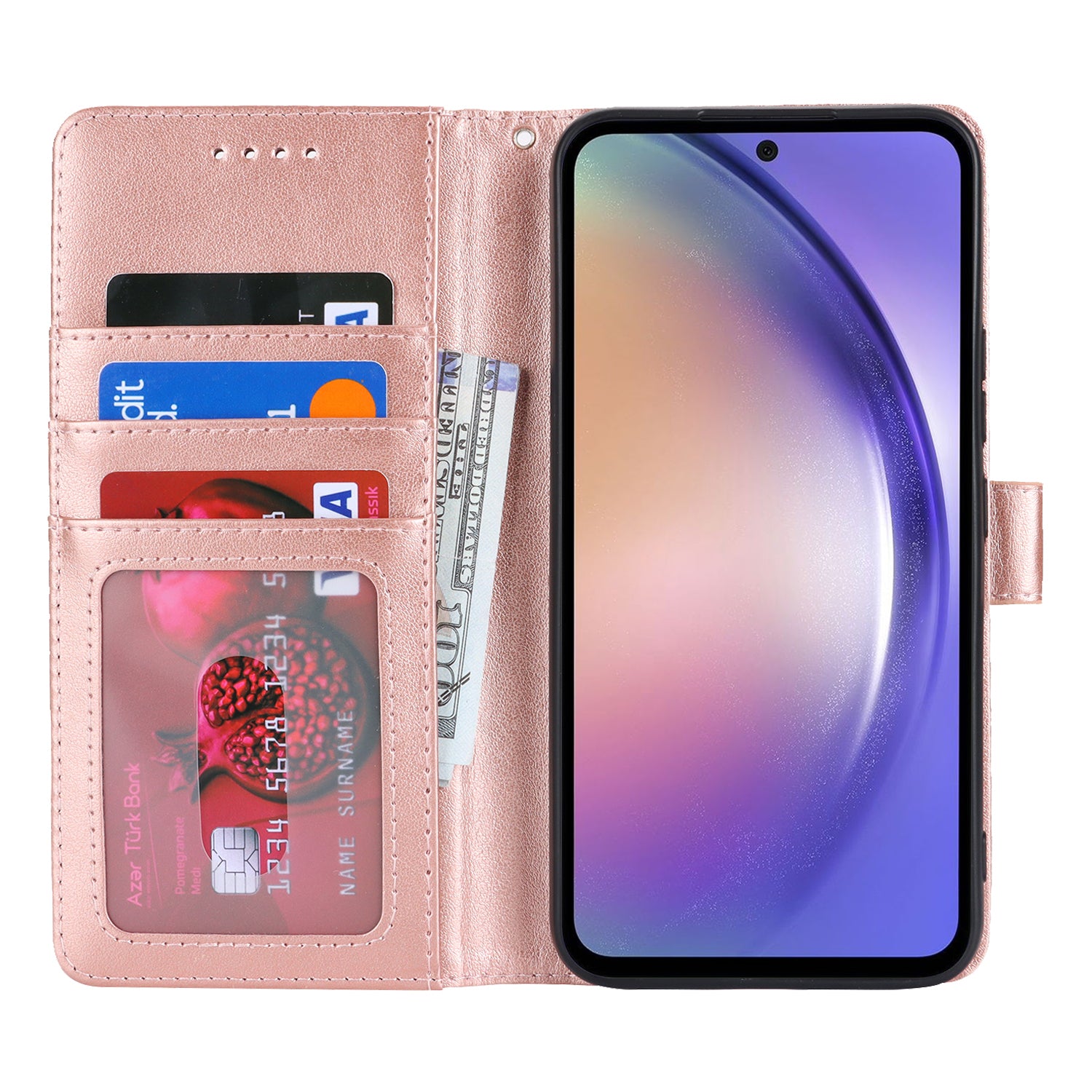 For Samsung Galaxy A54 5G Cell Phone Case Imprint R61 Texture Anti-drop PU Leather Wallet Cover - Rose Gold For Samsung Galaxy A54 5G Cell Phone Case Imprint R61 Texture Anti-drop PU Leather Wallet Cover - Rose Gold